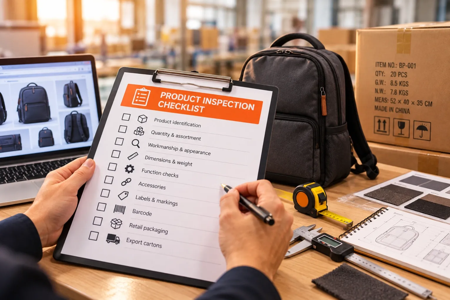 Product inspection checklist for a China order showing quality checks for workmanship, dimensions, function, labels, packaging and export cartons.