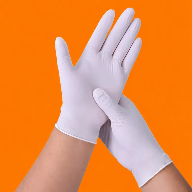 Disposable nitrile glove inflated and immersed in water to check for bubbles during inspection