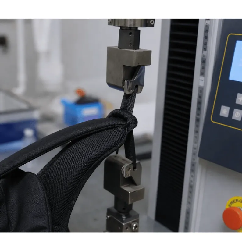 Backpack shoulder strap tested on a factory pull test machine during inspection