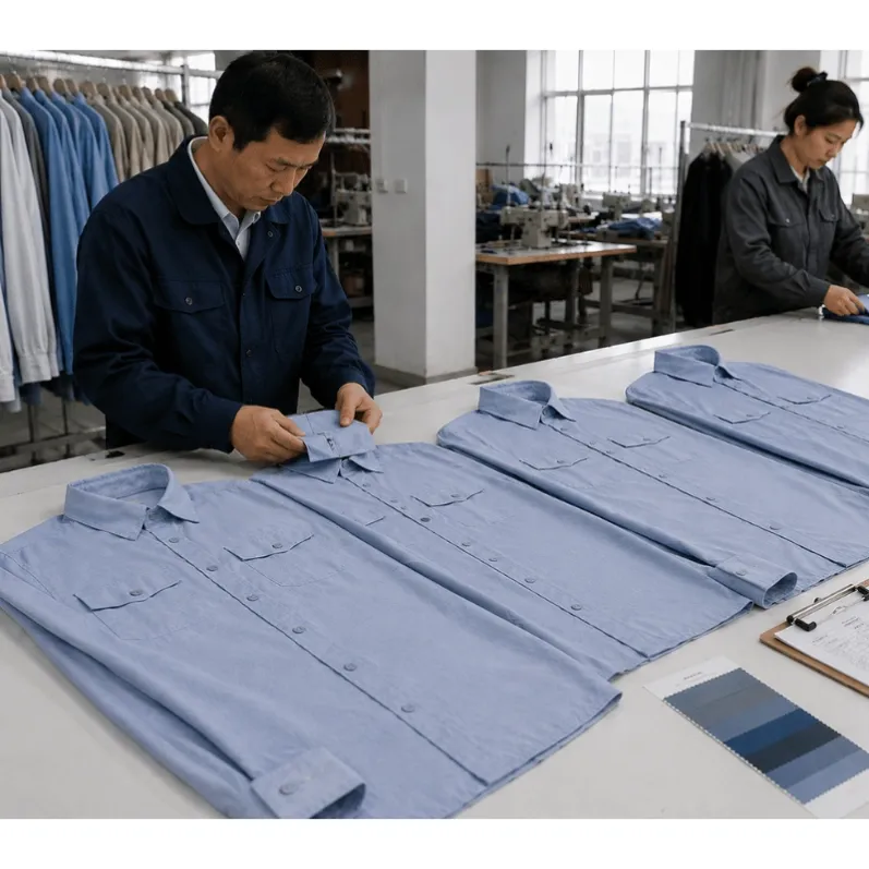Shirts from different cartons and sizes placed together for color shade comparison