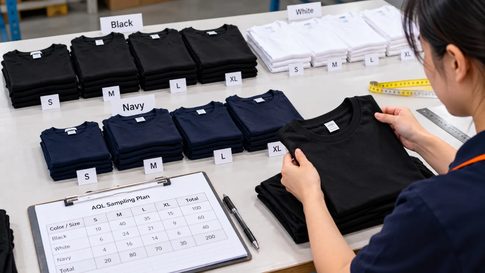 Quality inspector checking black, white and navy T-shirts arranged by color and size during an AQL garment inspection.