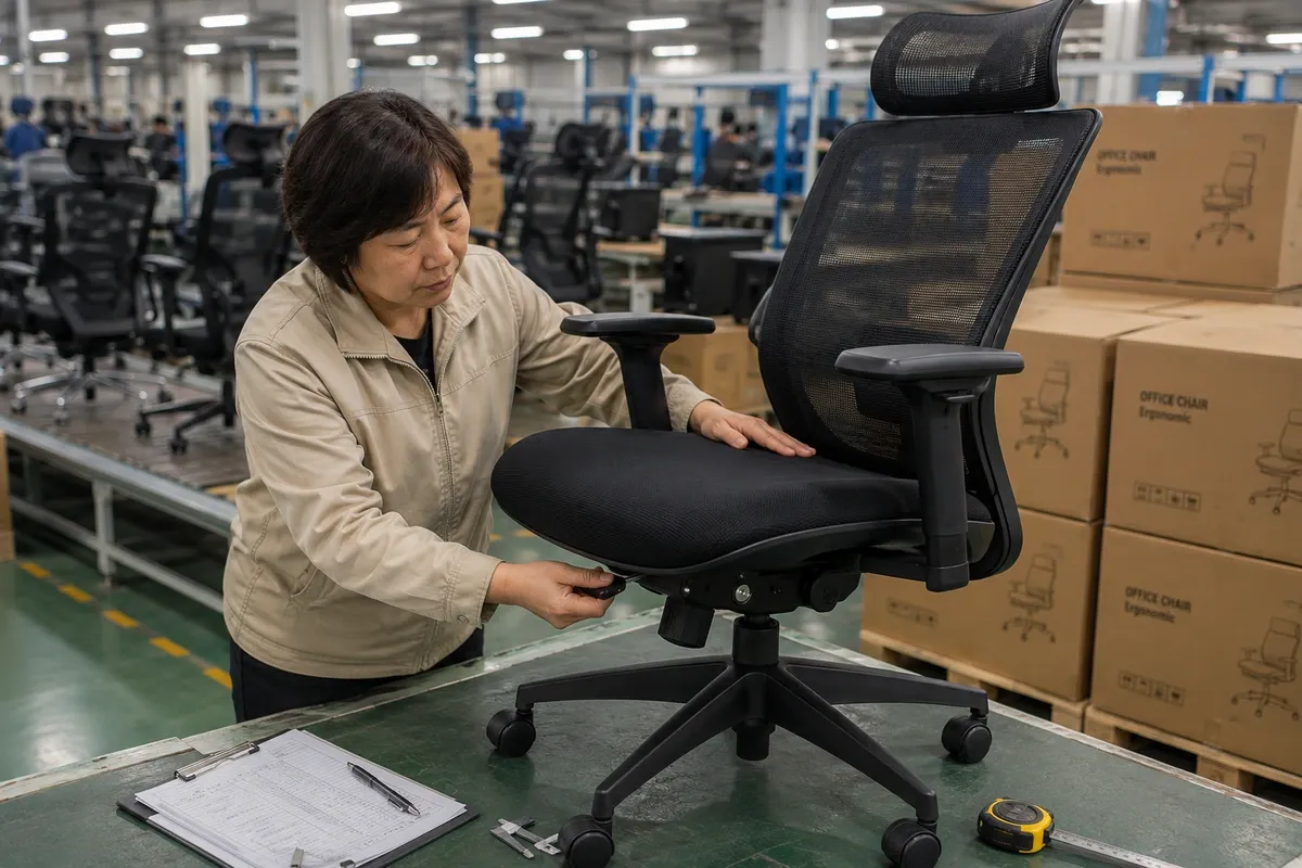 Experienced female third-party inspector checking height adjustment and armrest condition on an ergonomic rolling office chair in a China factory