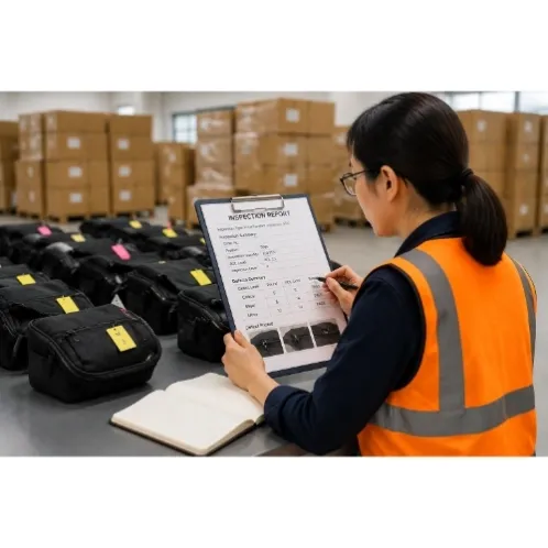 QC Inspector Reviewing Defective Samples and Inspection Report