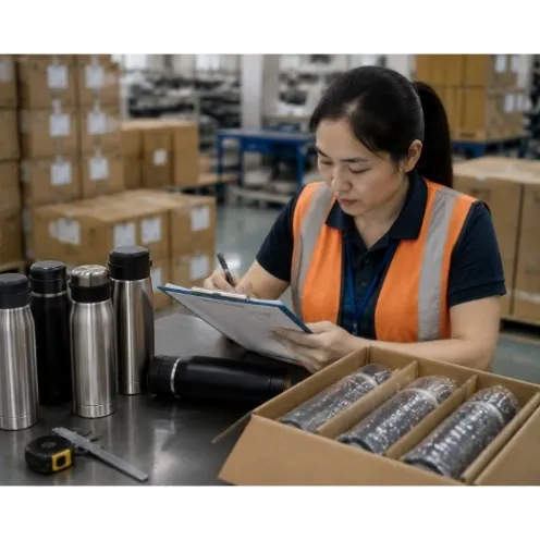 QC inspector reviewing a pre-shipment inspection report with product samples and cartons in a China factory warehouse
