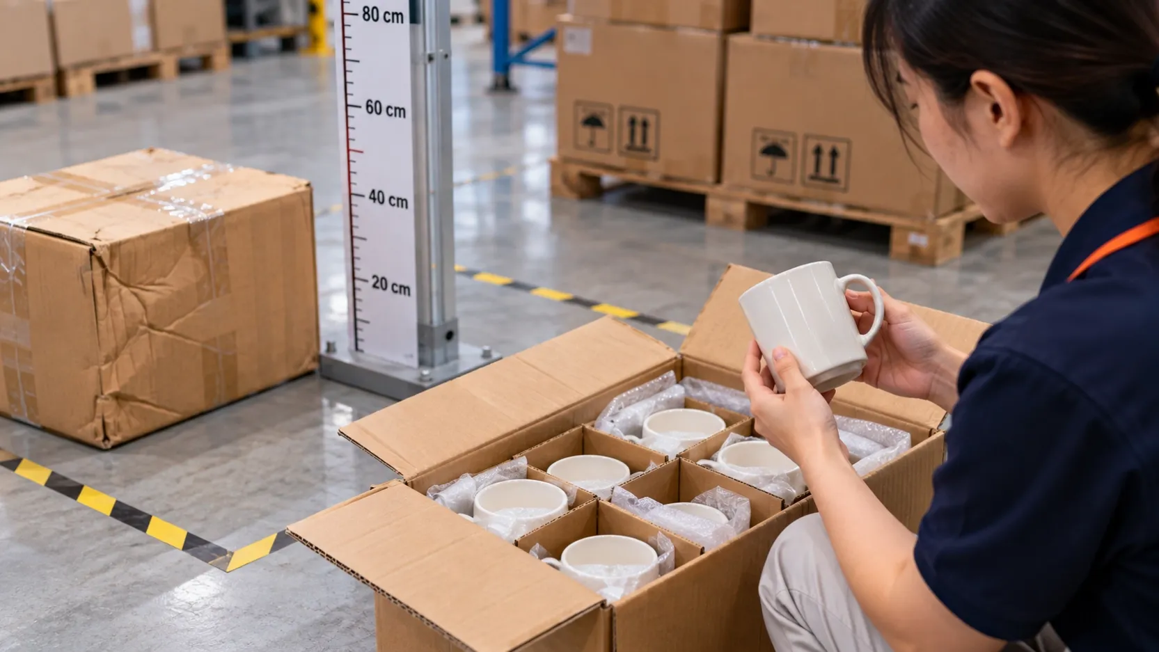 QC inspector checking ceramic mugs and protective packaging inside an export carton after a carton drop test in a China warehouse.