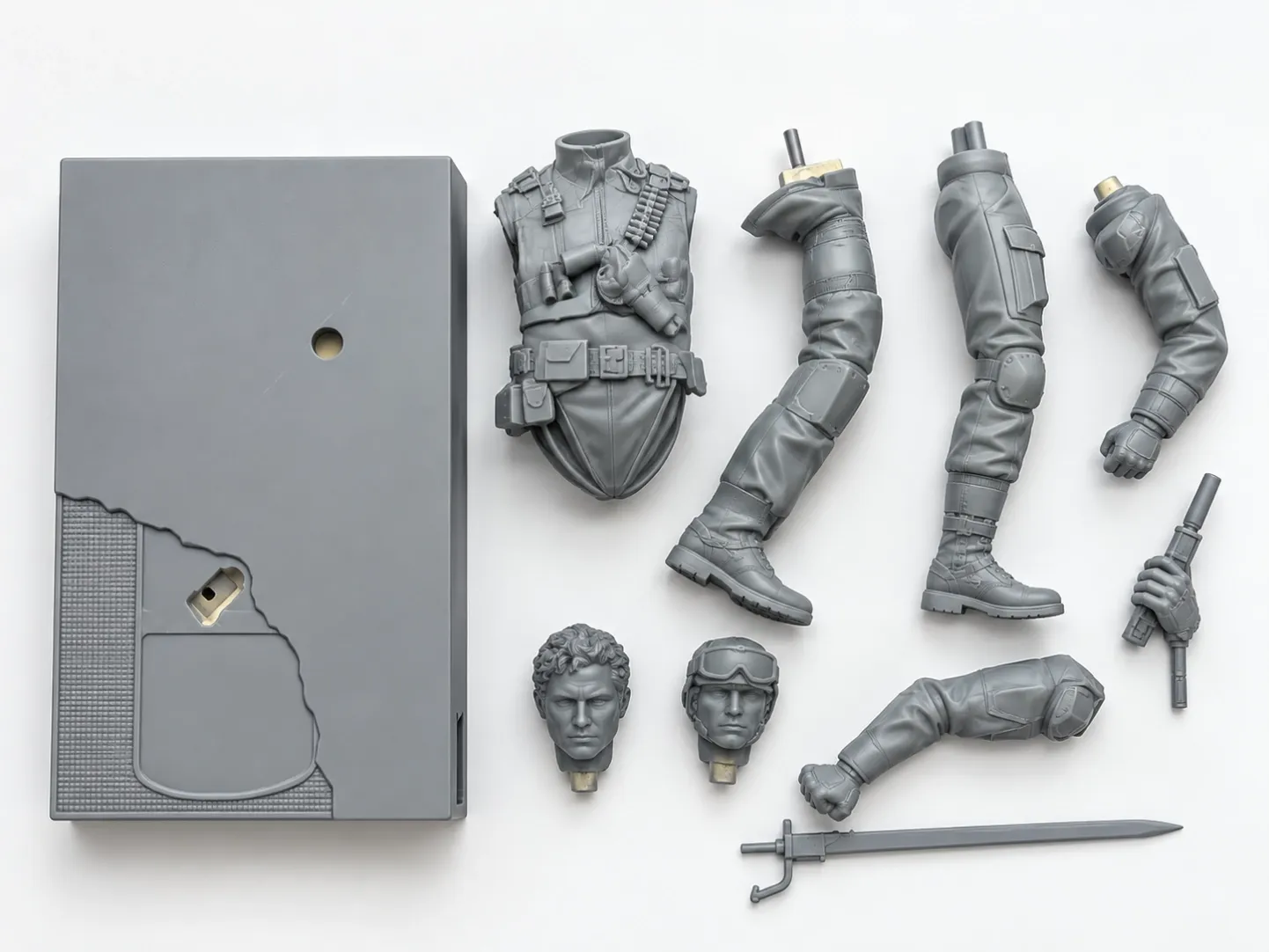 Gray collectible torso, legs, arms, two heads and accessories neatly arranged beside a separate rectangular base on a clean pale background