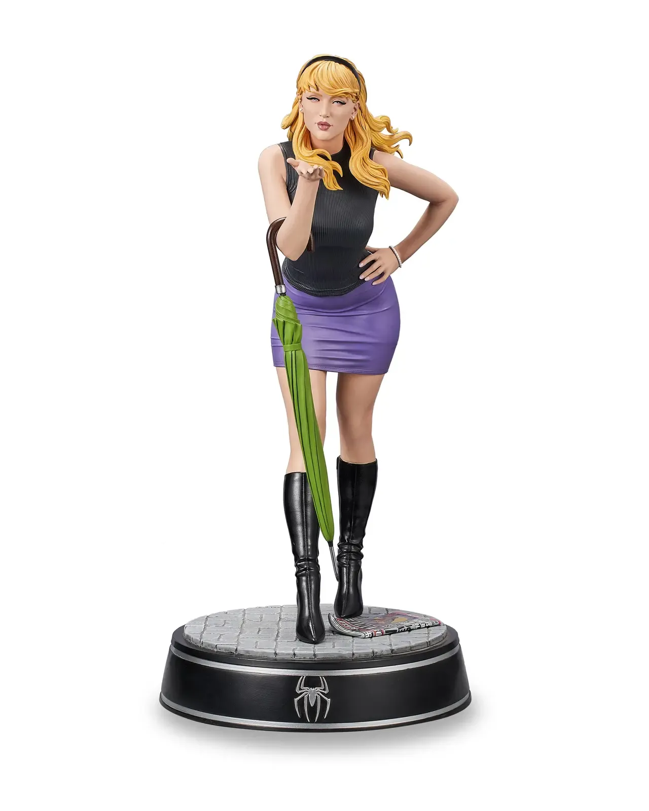Painted blonde collectible statue in a black top, purple skirt and black boots, holding a green umbrella on a circular display base