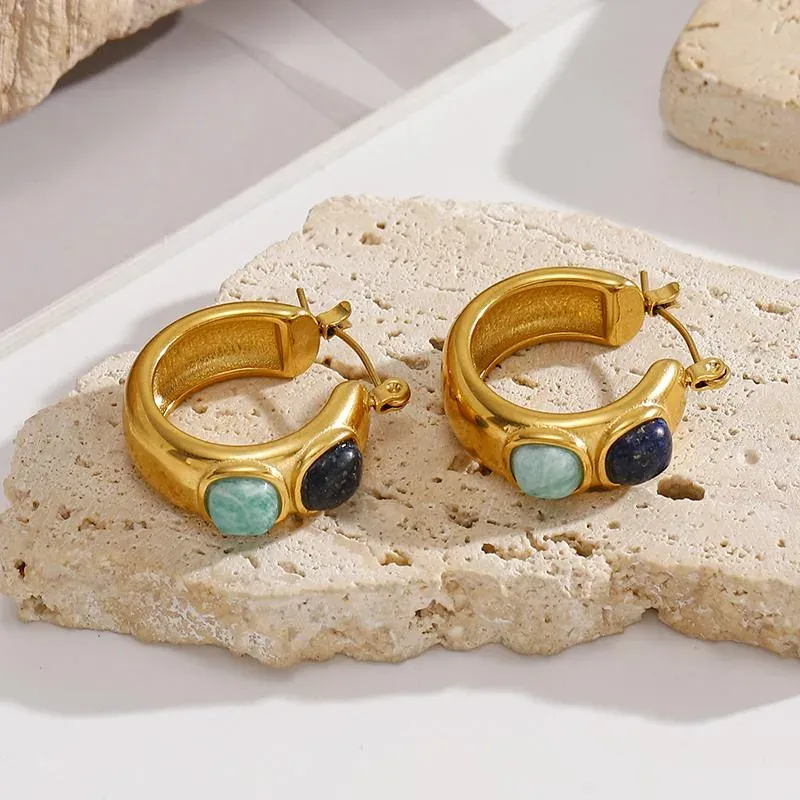 Ivanda Stone Cabochon Chunky Hoop Earrings PVD 18K Gold Plated Stainless Steel YHTSE-2501315 - view 05