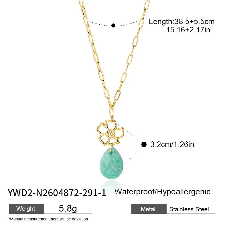 Ivanda Paperclip Necklace Teal Stone Flower Pendant YWD2-N2604872-291 - view 01