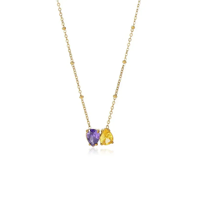 Ivanda Purple & Gold Stone Cluster Necklace Stainless YWD2-N2606902 - view 02