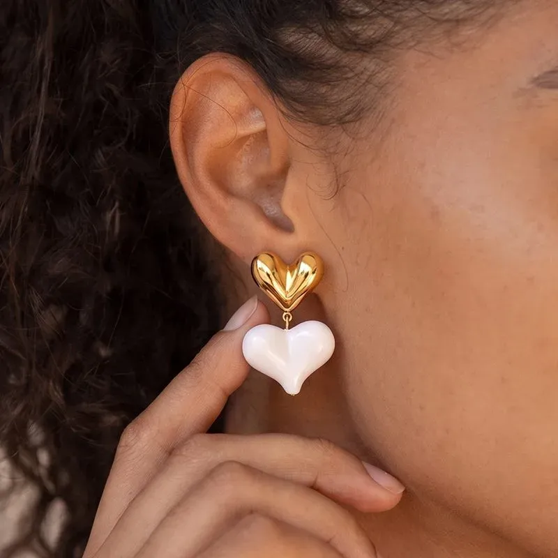 Ivanda Puffy Heart Drop Earrings White Gold Stainless YWD2-E26071957-171 - view 05