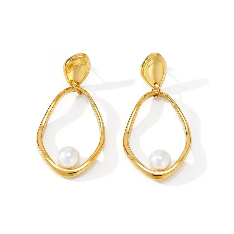 Ivanda Pearl Oval Hoop Earrings Large Gold Organic YWD1-E26061895-321 - view 02