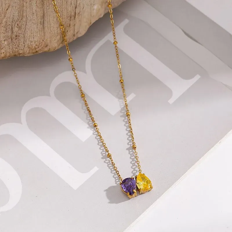 Ivanda Purple & Gold Stone Cluster Necklace Stainless YWD2-N2606902 - view 03