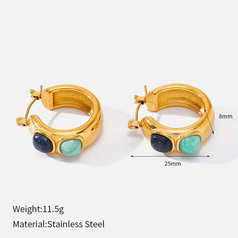 Ivanda Stone Cabochon Chunky Hoop Earrings PVD 18K Gold Plated Stainless Steel YHTSE-2501315 - view 01