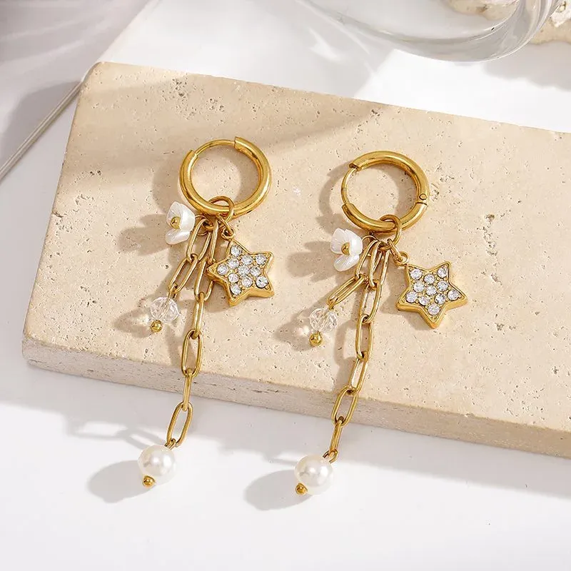 Ivanda Star & Pearl Chain Drop Earrings Gold YWD2S-E26041799-381 - view 03