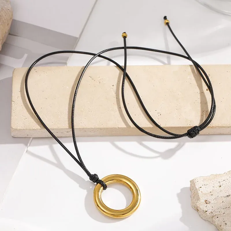 Ivanda Black Cord Necklace Gold Circle Pendant 70cm YHTSN-260901 - view 03