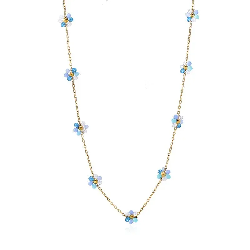 Ivanda Blue Flower Station Necklace Gold CHOX-1329-J - view 02