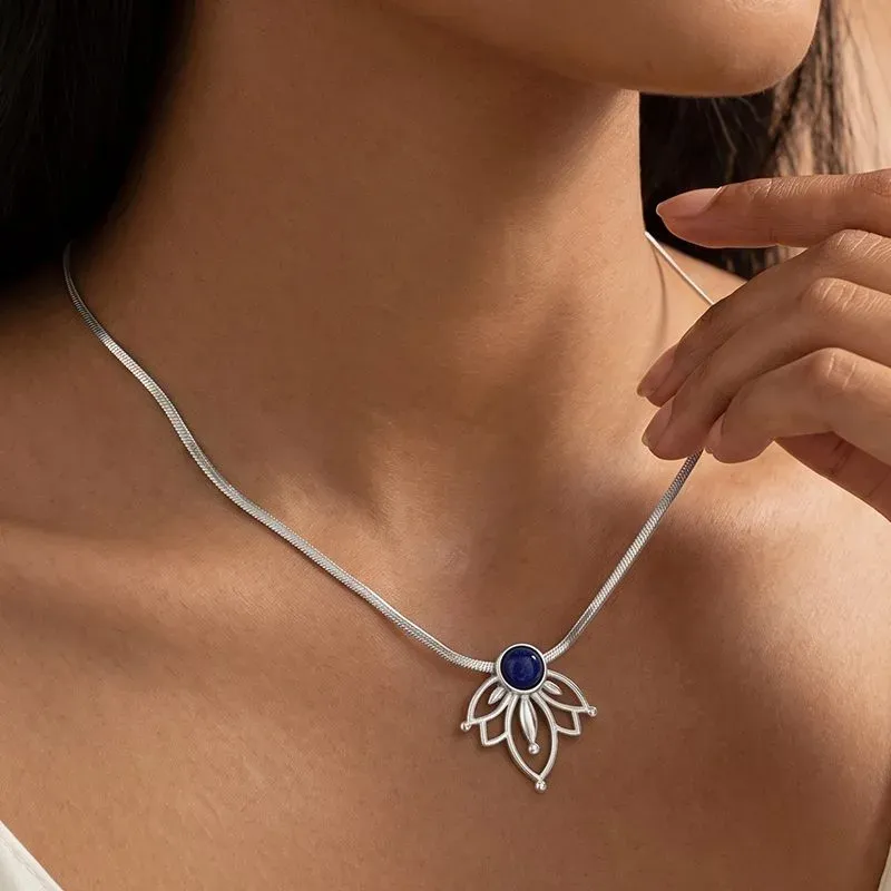 Ivanda Lapis Lotus Pendant Snake Chain Necklace Silver-Tone Stainless Steel YWD2-S2504177-N - view 02