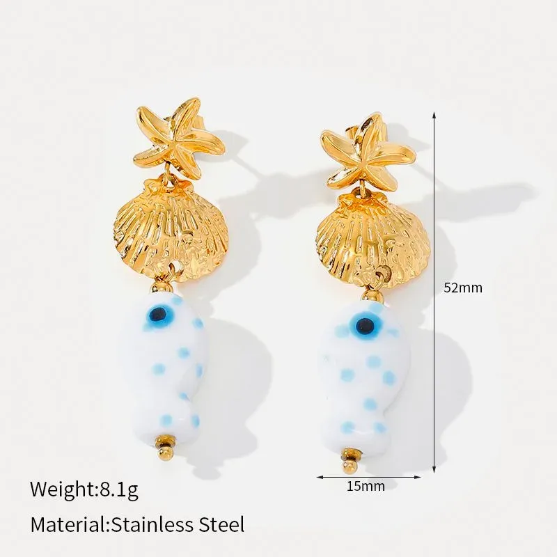 Ivanda Evil Eye Shell Drop Earrings Gold CH1918 - view 01