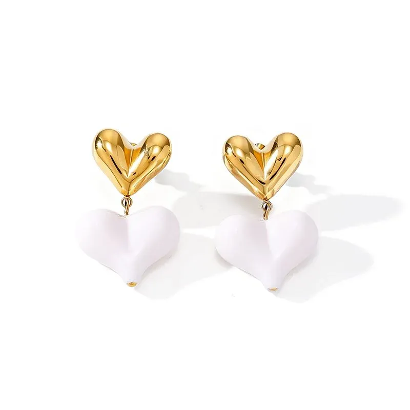 Ivanda Puffy Heart Drop Earrings White Gold Stainless YWD2-E26071957-171 - view 02
