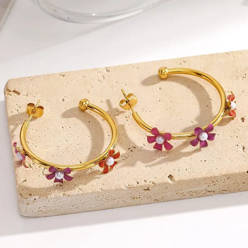 Ivanda Enamel Flower Hoop Earrings Colorful YWD2-E2504961 - view 03