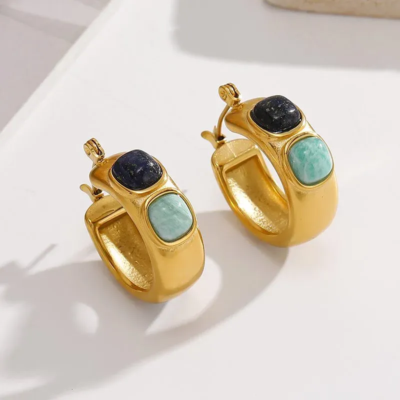 Ivanda Stone Cabochon Chunky Hoop Earrings PVD 18K Gold Plated Stainless Steel YHTSE-2501315 - view 04