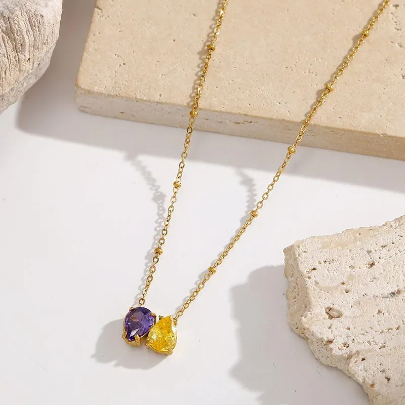 Ivanda Purple & Gold Stone Cluster Necklace Stainless YWD2-N2606902 - view 04