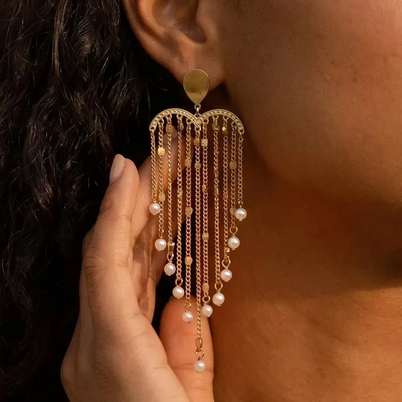 Ivanda Pearl Tassel Fringe Earrings PVD 18K Gold Plated Stainless Steel YWD2-E2504945-1 - view 03