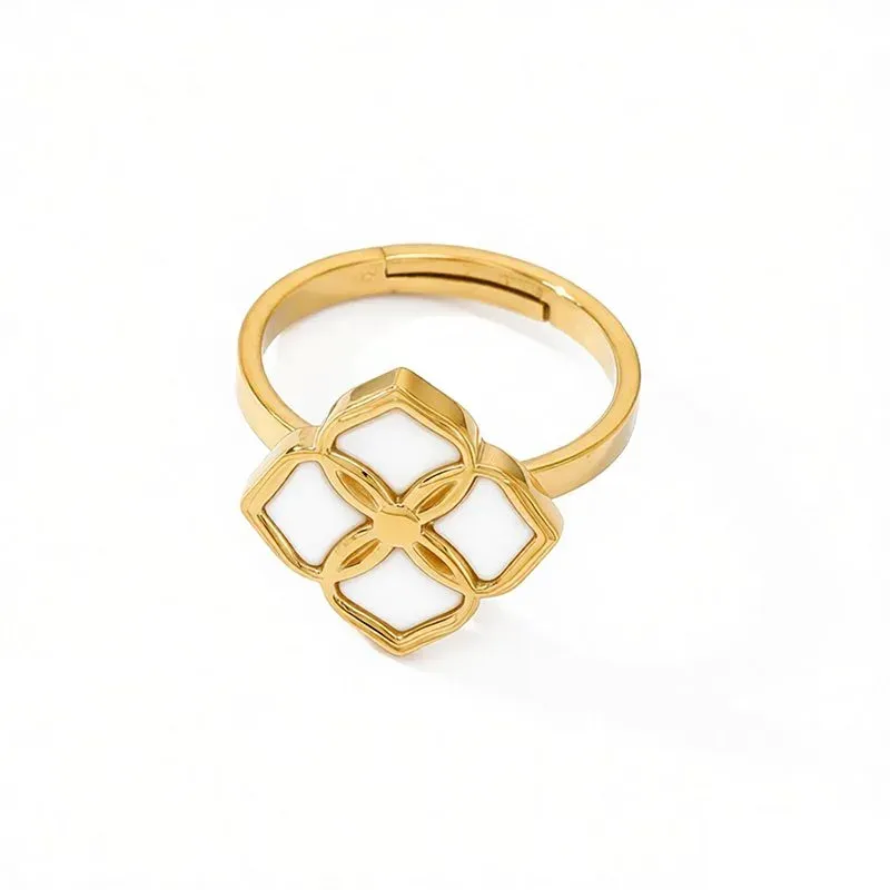 Ivanda White Enamel Four-Leaf Clover Ring PVD 18K Gold Plated Stainless Steel CH1921 - view 03