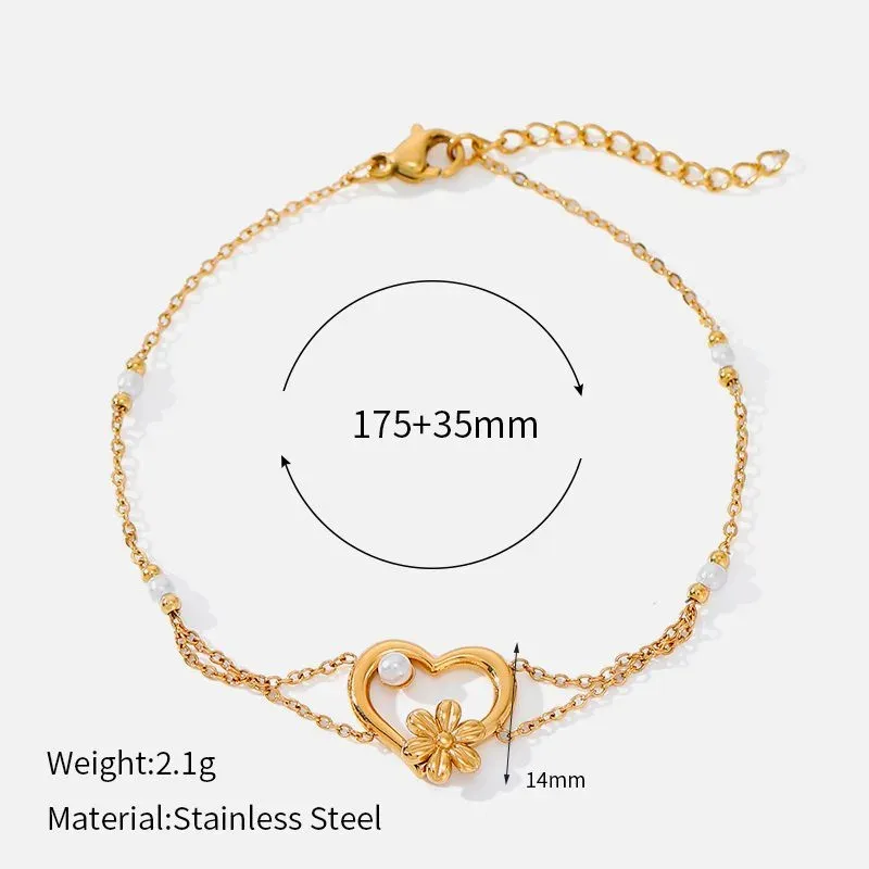Ivanda Heart & Flower Double Chain Bracelet PVD 18K Gold Plated Stainless Steel YWD8-S2504175-B - view 01