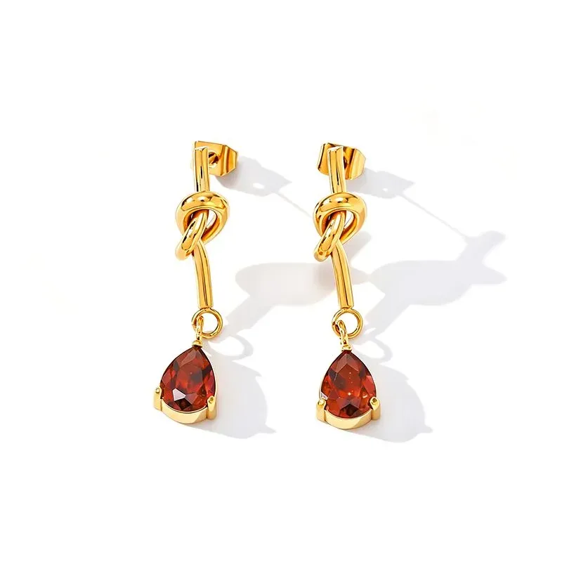Ivanda Knot & Red Teardrop Drop Earrings Gold YWD2-E26061922-351 - view 02