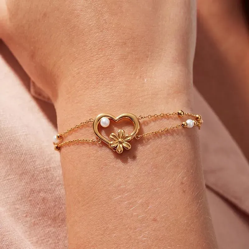 Ivanda Heart & Flower Double Chain Bracelet PVD 18K Gold Plated Stainless Steel YWD8-S2504175-B - view 02