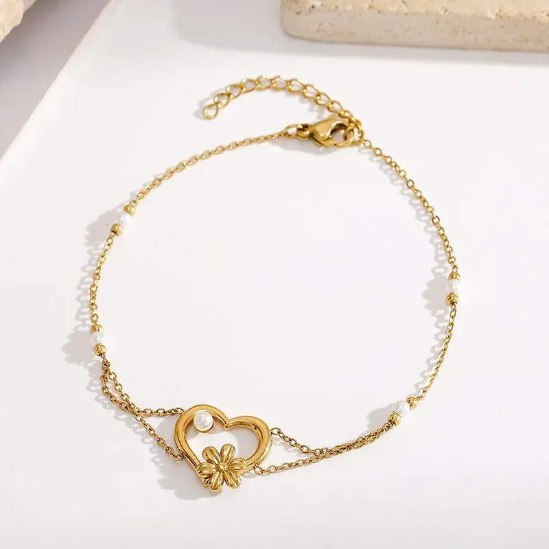 Ivanda Heart & Flower Double Chain Bracelet PVD 18K Gold Plated Stainless Steel YWD8-S2504175-B - view 05