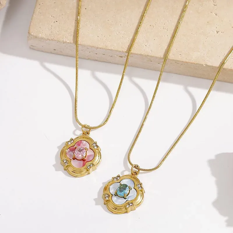 Ivanda Clover Pendant Necklace Light Blue Stone Gold Stainless Steel CH260911-12 - view 04