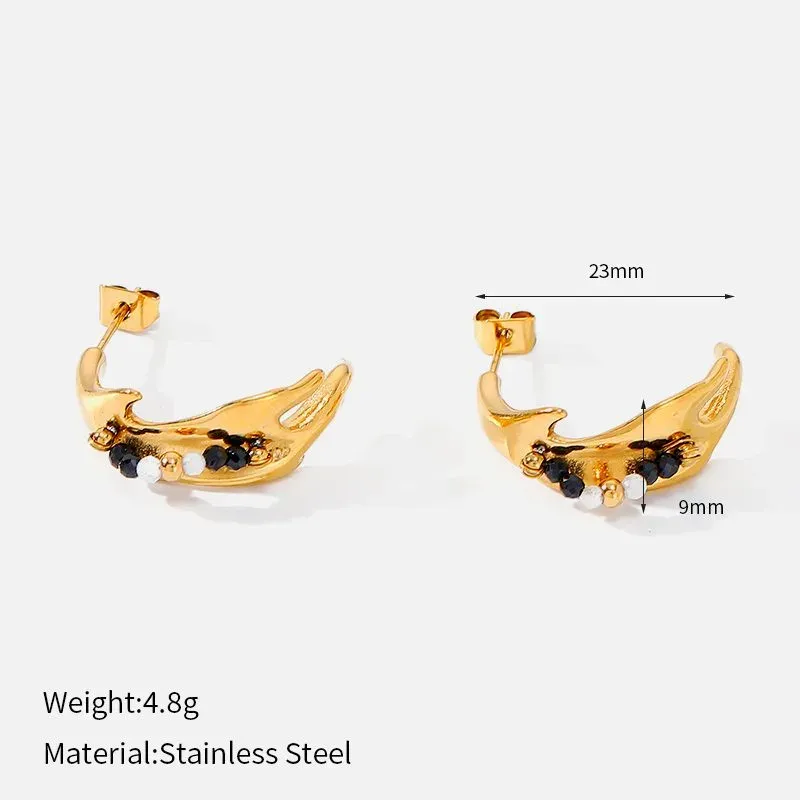Ivanda Wave Ear Hooks with Beads PVD 18K Gold Plated Stainless Steel YWD8-E2504942 - view 01