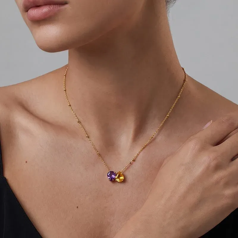Ivanda Purple & Gold Stone Cluster Necklace Stainless YWD2-N2606902 - view 05