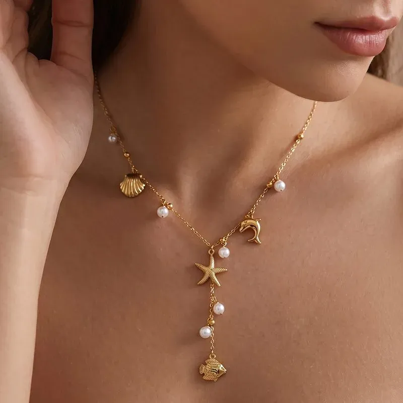 Ivanda Ocean Charm Lariat Necklace PVD 18K Gold Plated Stainless Steel CHXL02112-1 - view 03