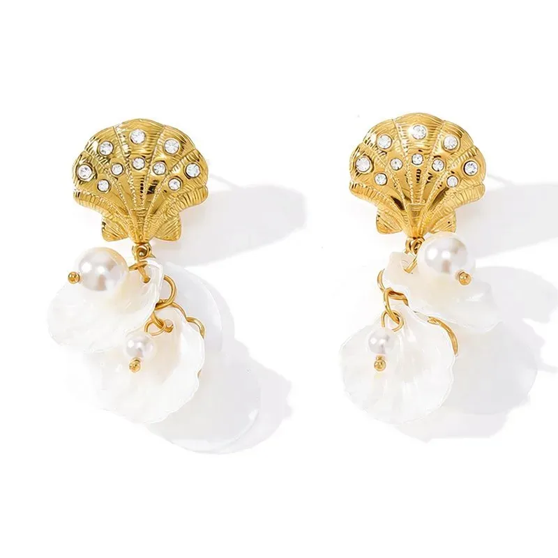 Ivanda Shell Crystal Drop Earrings PVD 18K Gold Plated Stainless Steel CH1924 - view 03