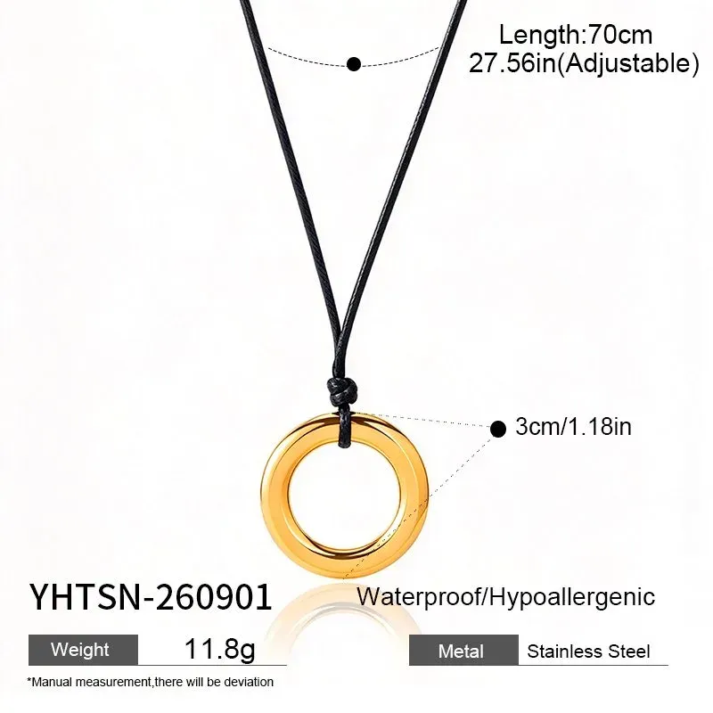 Ivanda Black Cord Necklace Gold Circle Pendant 70cm YHTSN-260901 - view 01