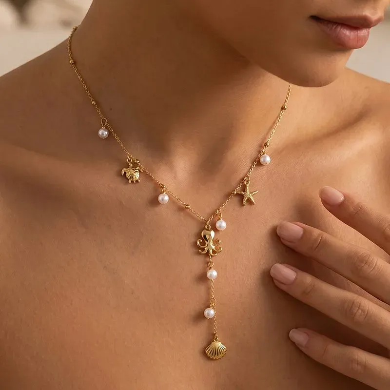 Ivanda Ocean Charm Lariat Necklace PVD 18K Gold Plated Stainless Steel CHXL02112-1 - view 02