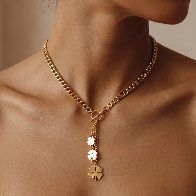 Ivanda Chunky Curb Clover Tassel Necklace PVD 18K Gold Plated Stainless Steel CHOFXL-0533-J - view 05
