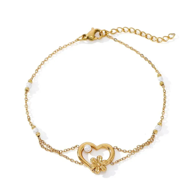 Ivanda Heart & Flower Double Chain Bracelet PVD 18K Gold Plated Stainless Steel YWD8-S2504175-B - view 03