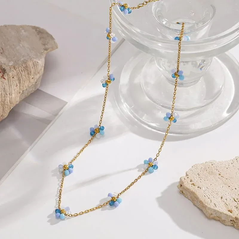 Ivanda Blue Crystal Flower Station Necklace PVD 18K Gold Plated Stainless Steel CHOX-1329-J - view 04