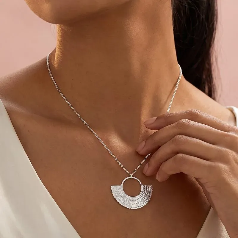 Ivanda Textured Half-Circle Pendant Necklace Silver-Tone Stainless Steel CH1930 - view 02
