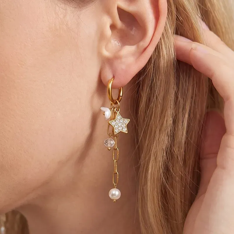 Ivanda Star & Pearl Chain Drop Earrings Gold YWD2S-E26041799-381 - view 05