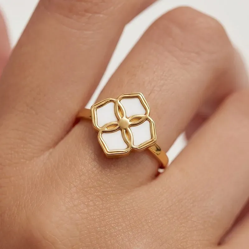 Ivanda White Enamel Four-Leaf Clover Ring PVD 18K Gold Plated Stainless Steel CH1921 - view 02