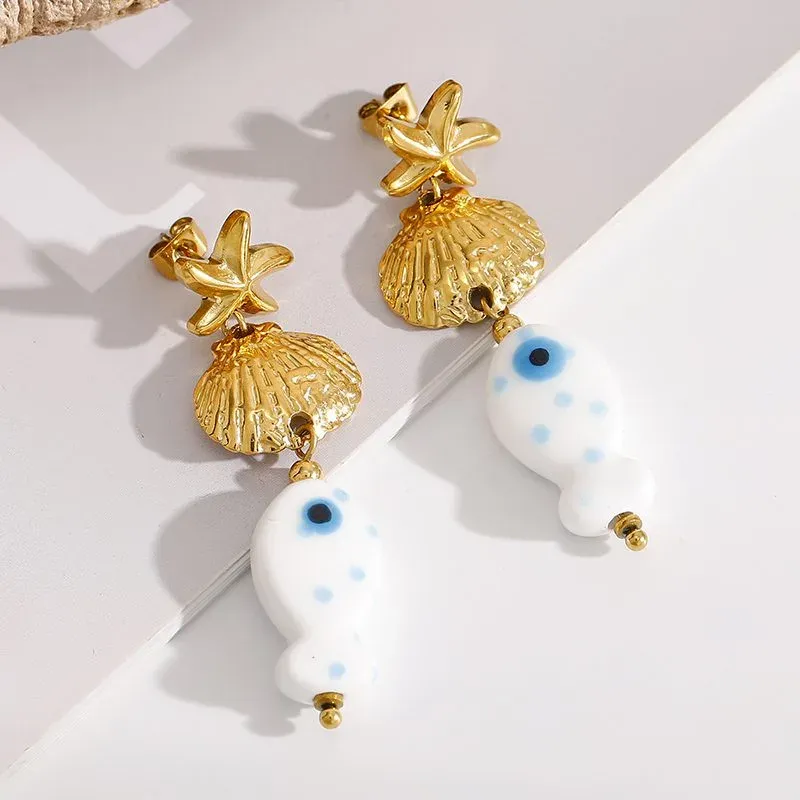 Ivanda Evil Eye Shell Drop Earrings Gold CH1918 - view 04