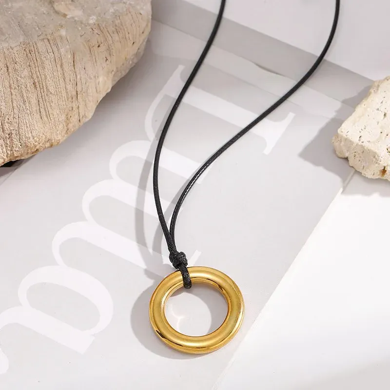 Ivanda Black Cord Necklace Gold Circle Pendant 70cm YHTSN-260901 - main image