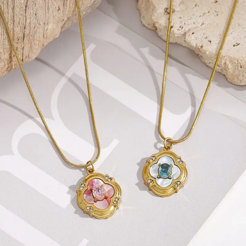 Ivanda Clover Pendant Necklace Light Blue Stone Gold Stainless Steel CH260911-12 - view 05