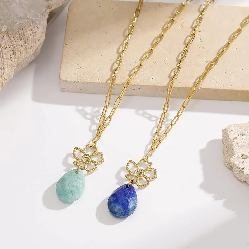 Ivanda Paperclip Necklace Teal Stone Flower Pendant YWD2-N2604872-291 - view 05
